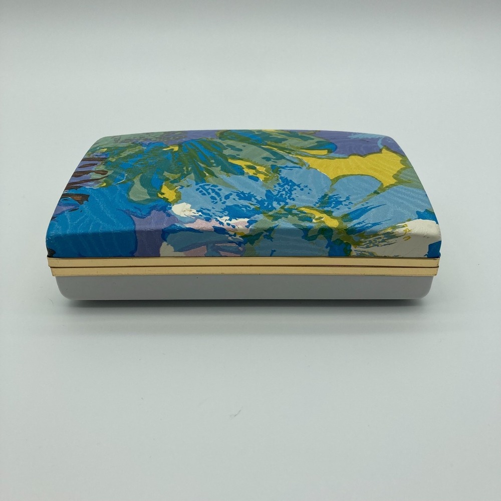 Vintage 1970s Mod Floral Jewelry Box - Blue & Green Retro Clamshell Ring Case